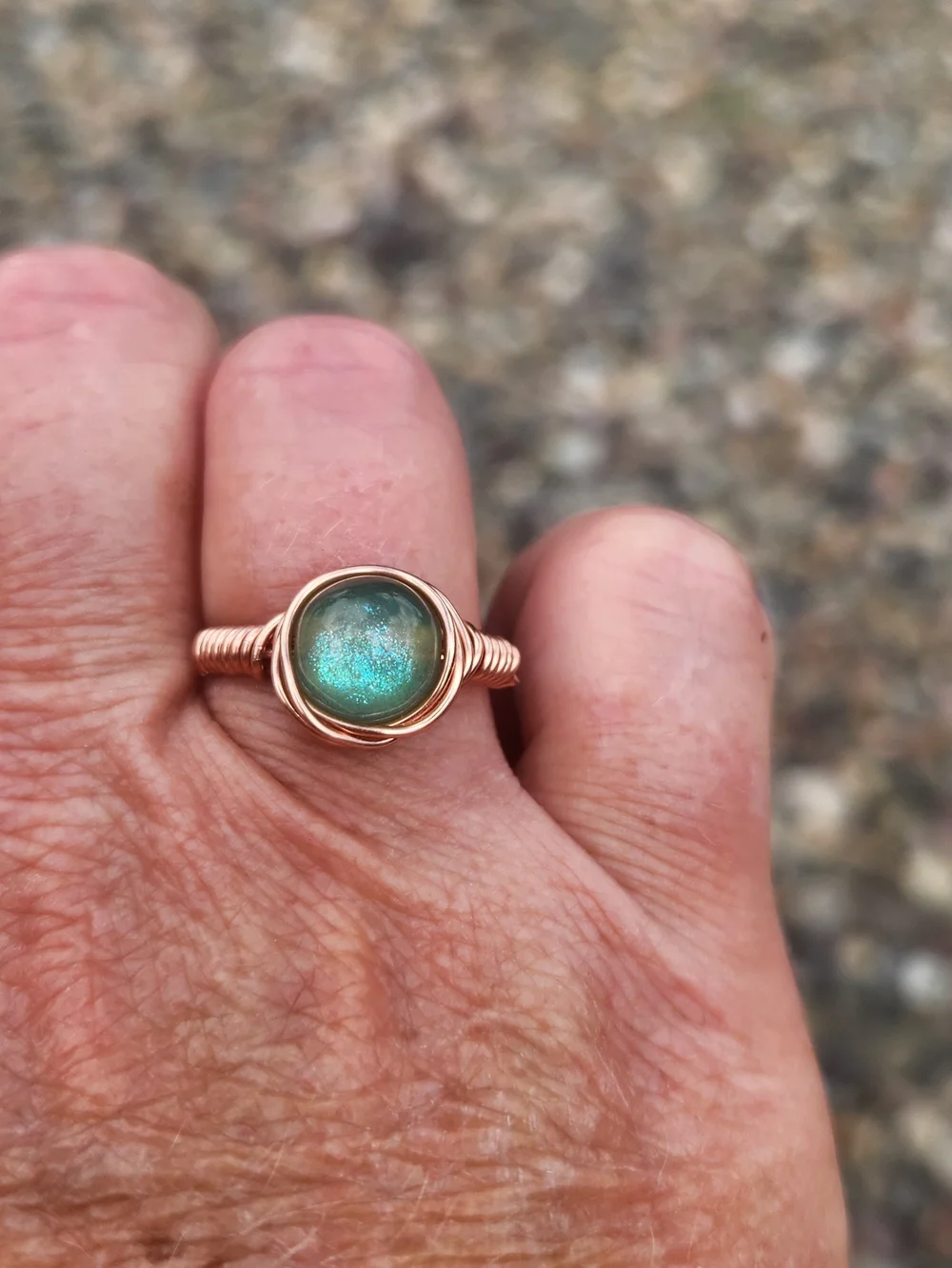Handmade Copper Wire Wrapped Ring With Sun Reactivate Cats Eye Resin Bead